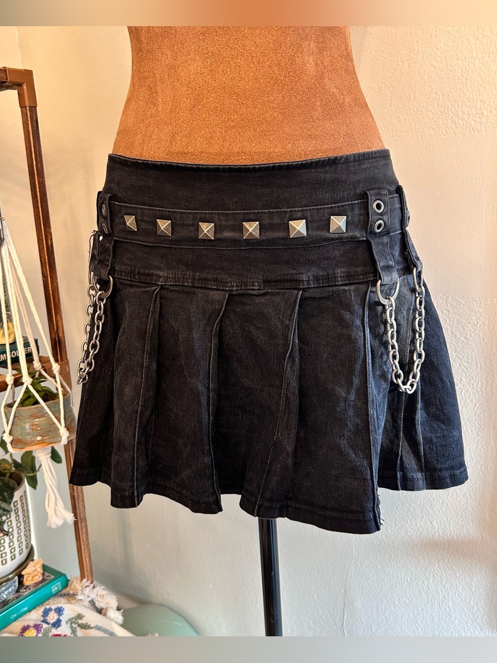 Goth Y2K Grunge Black Studded Pleated Mini Skirt w Chains by Tripp NYC